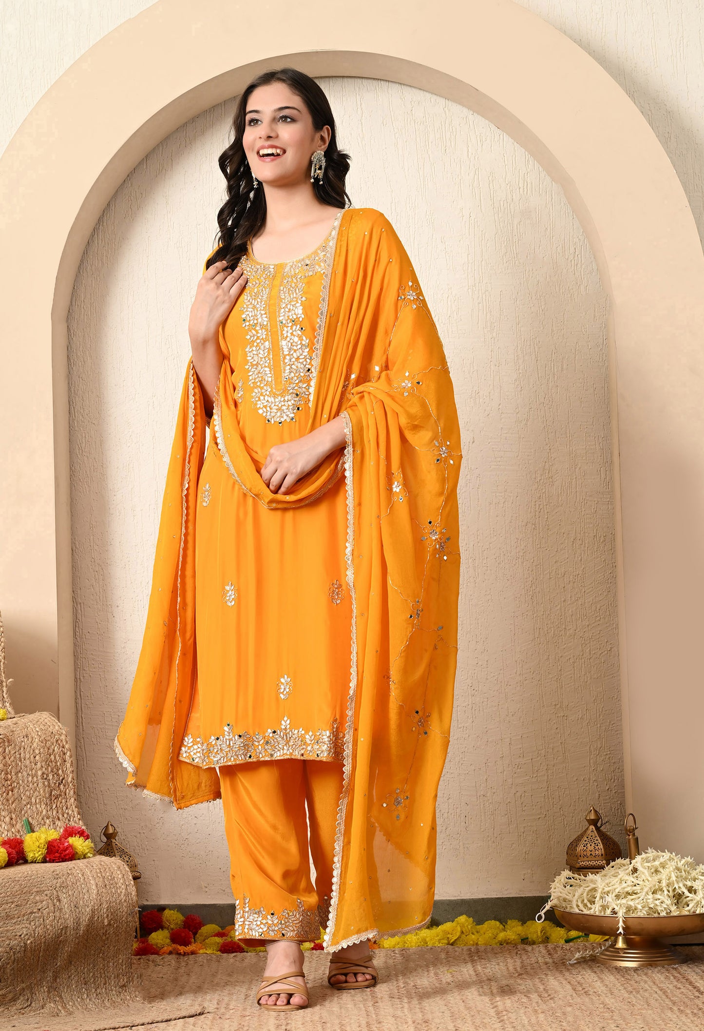 Saffron Yellow Kurta Set with Gotta and Zardozi Work