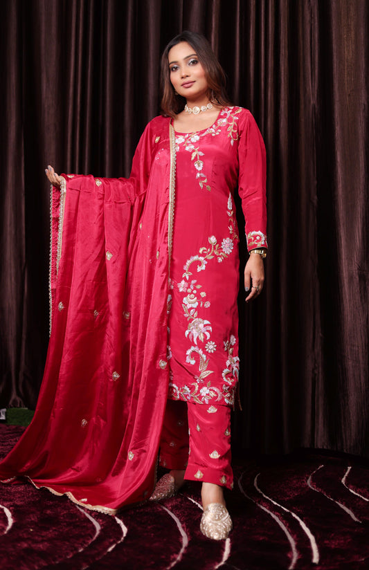 Radiant Hot Pink Zardozi Sequin Embroidered Crepe Kurta Set