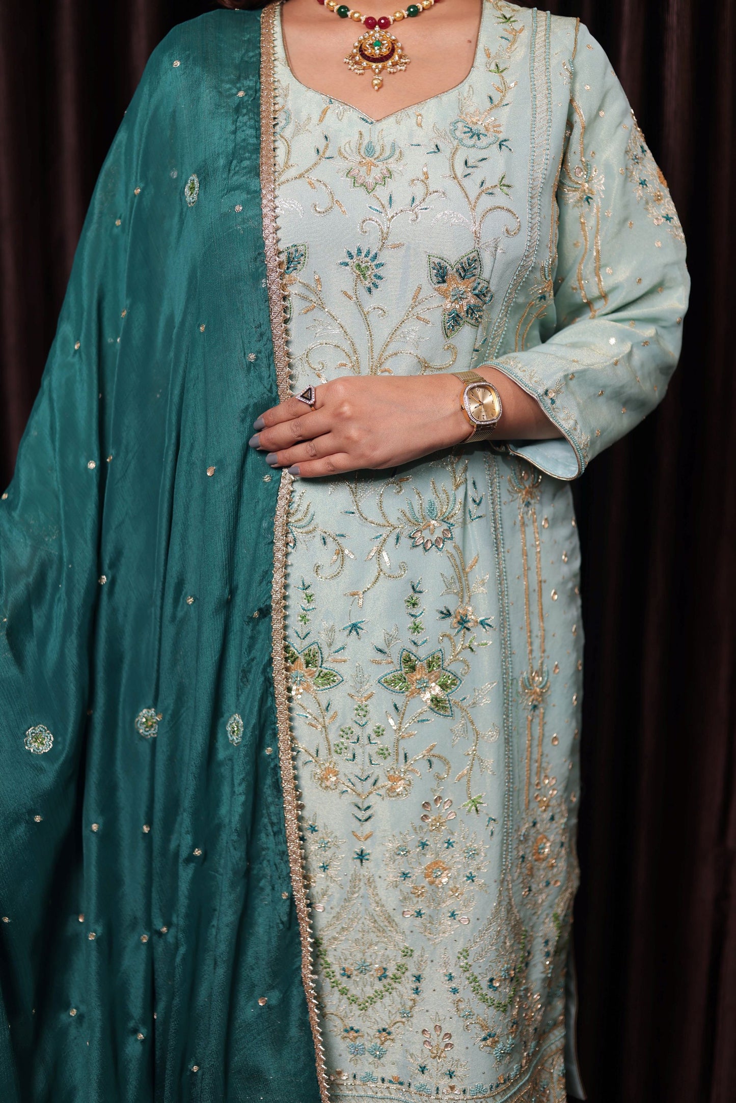 Light Blue-Green Zardozi Sequence Dabka Kurta Ensemble