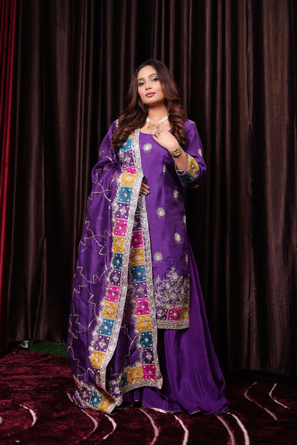 Vibrant Purple Zardozi and Cutdana Embroidered Organza Kurta Set