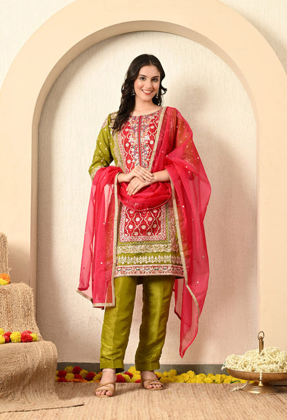 Rani and Green Colour Hue Kurta Set with Gotta, Zardozi, and Sequence Work