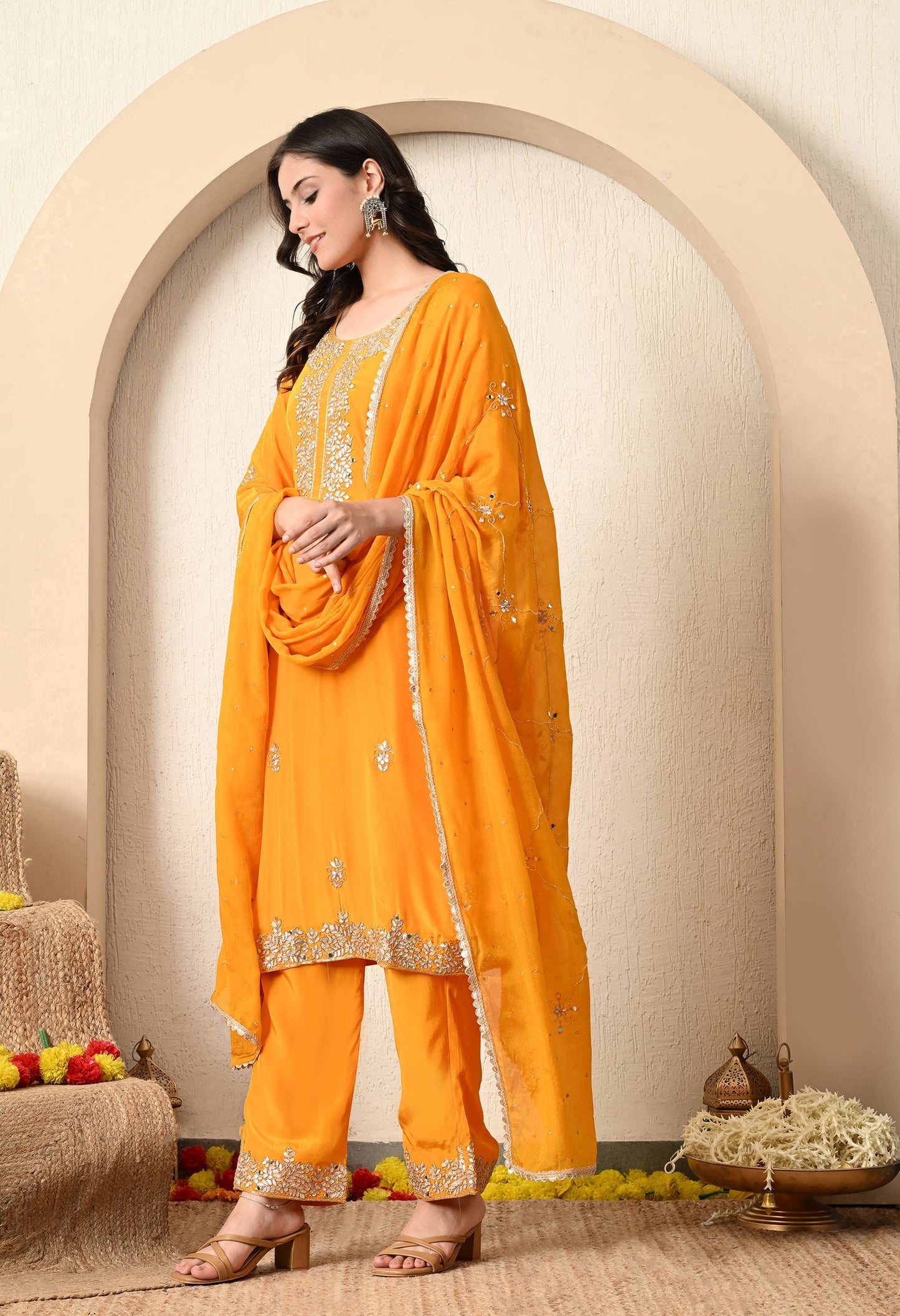 Saffron Yellow Kurta Set with Gotta and Zardozi Work