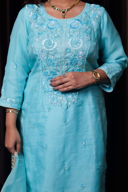 Delicate Baby Blue Organza Kurta Set with Thread, Sequin, and Dabka Embroidery