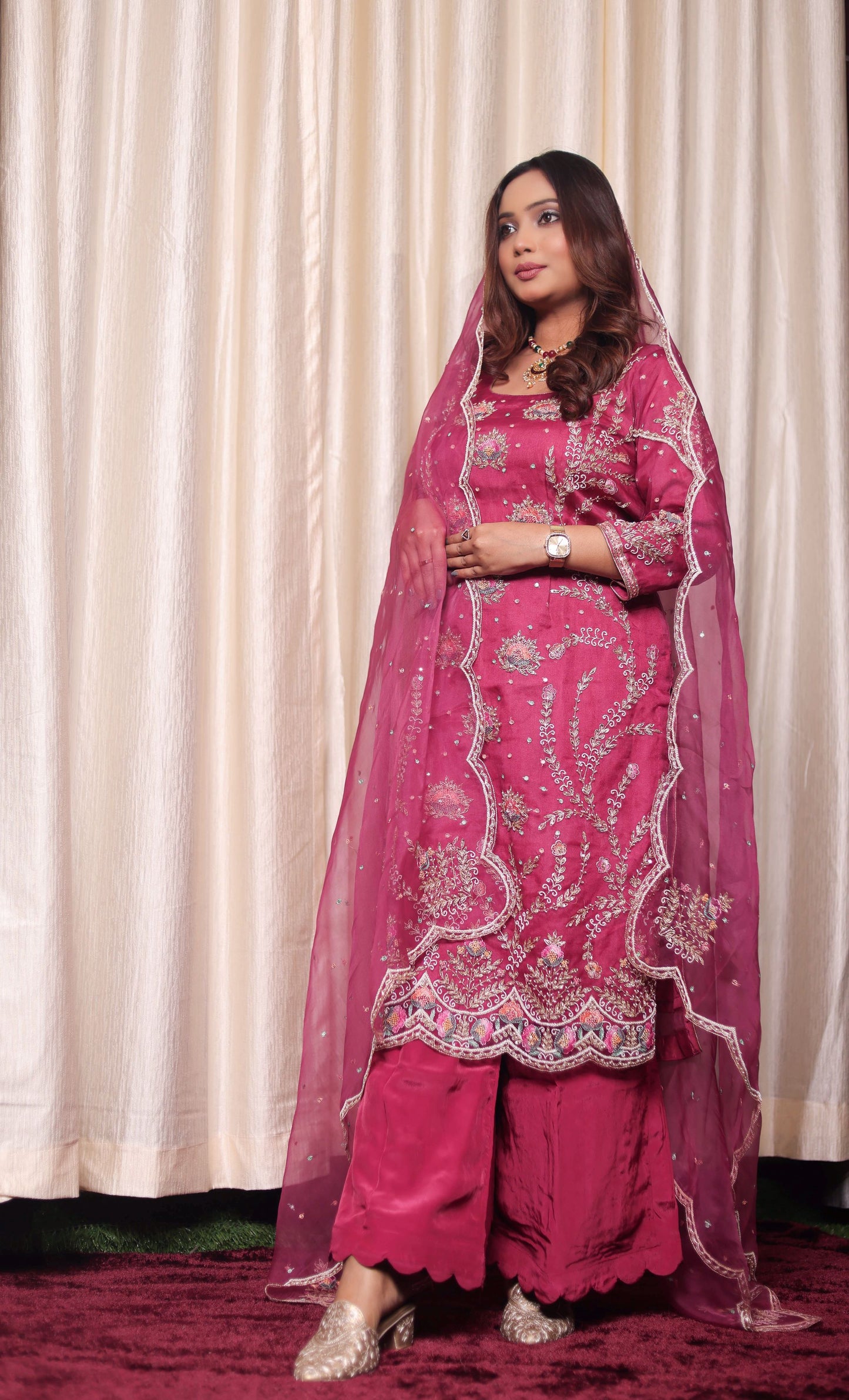 Delicate Strawberry Pink Organza Kurta with Intricate Zardozi Embroidery