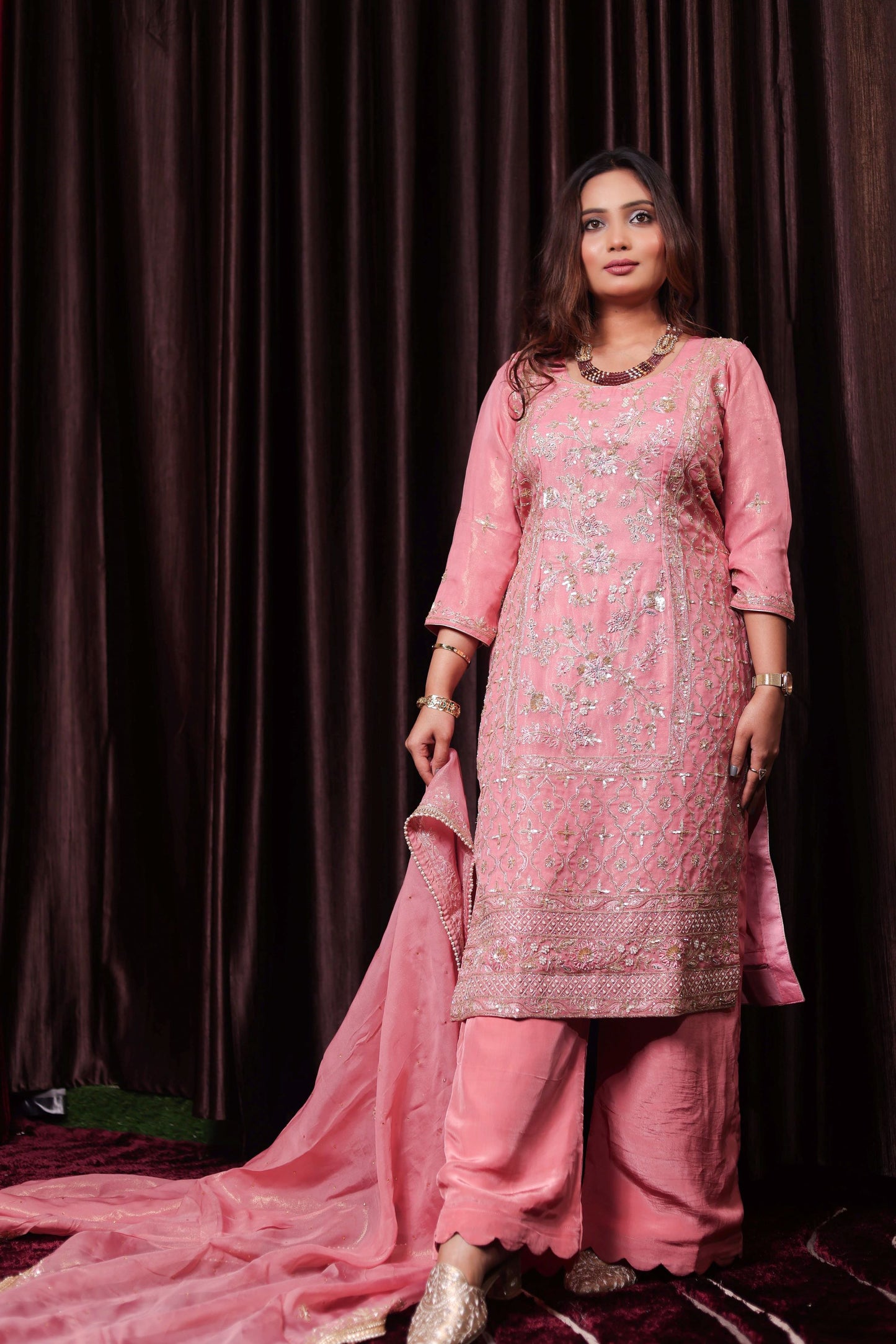 Sophisticated Dark Peach Kurta Set, Embellished with Exquisite Zardozi, Sequence, and Tilla Embroidery