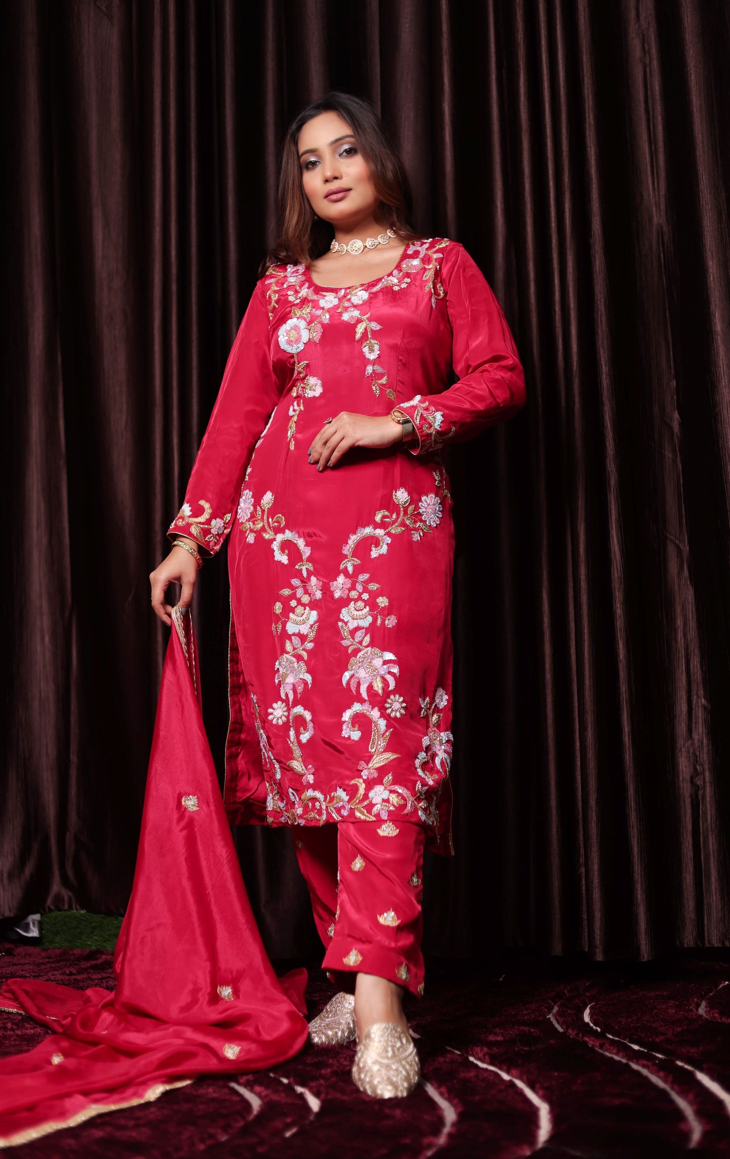 Radiant Hot Pink Zardozi Sequin Embroidered Crepe Kurta Set