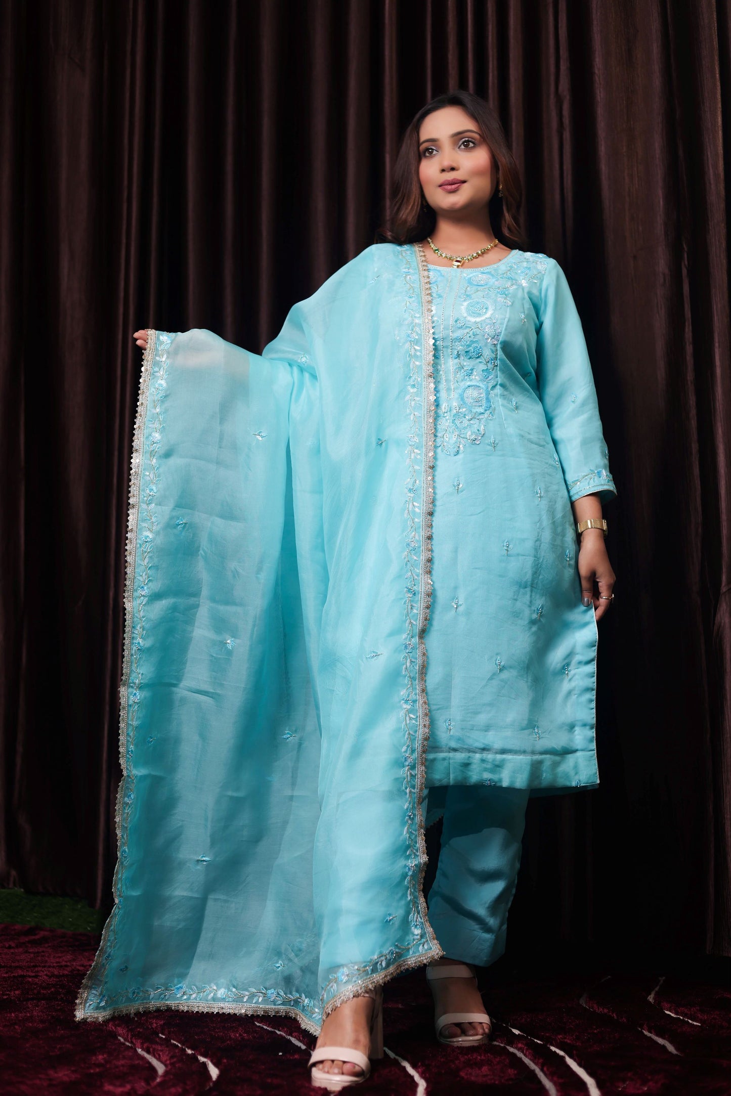 Delicate Baby Blue Organza Kurta Set with Thread, Sequin, and Dabka Embroidery