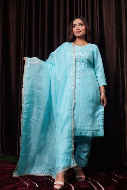 Delicate Baby Blue Organza Kurta Set with Thread, Sequin, and Dabka Embroidery