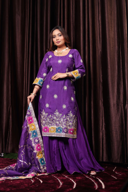 Vibrant Purple Zardozi and Cutdana Embroidered Organza Kurta Set