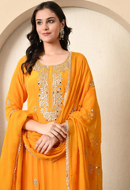 Saffron Yellow Kurta Set with Gotta and Zardozi Work