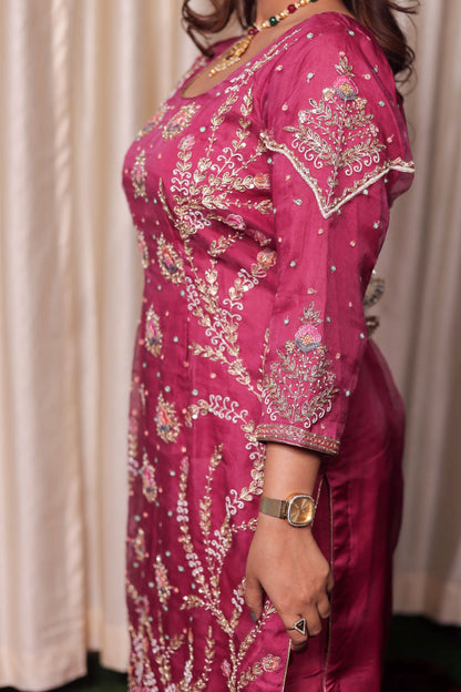 Delicate Strawberry Pink Organza Kurta with Intricate Zardozi Embroidery