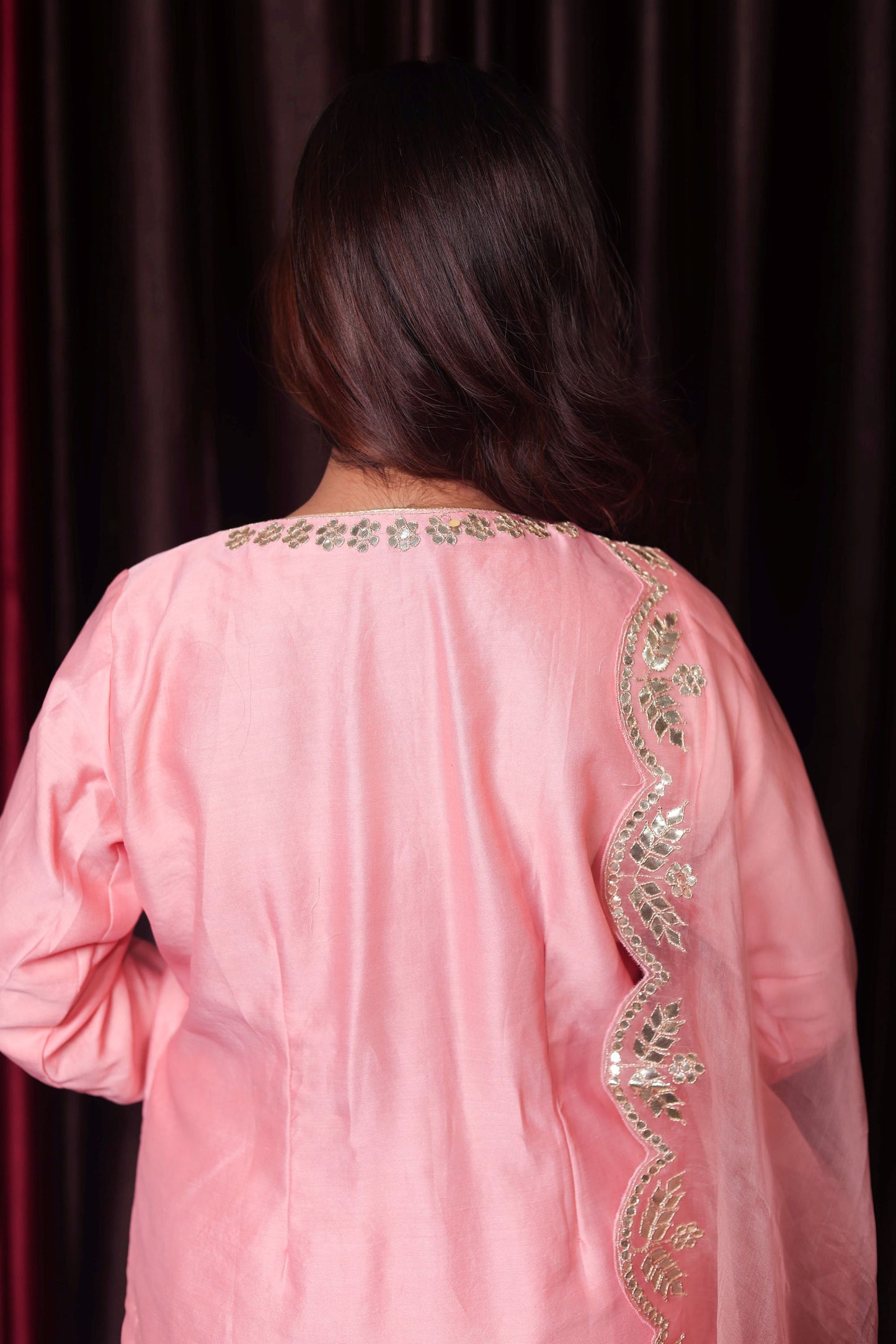 Exquisite Peach Pink Silk Kurta Set, Embellished with Zardozi and Gotta Embroidery