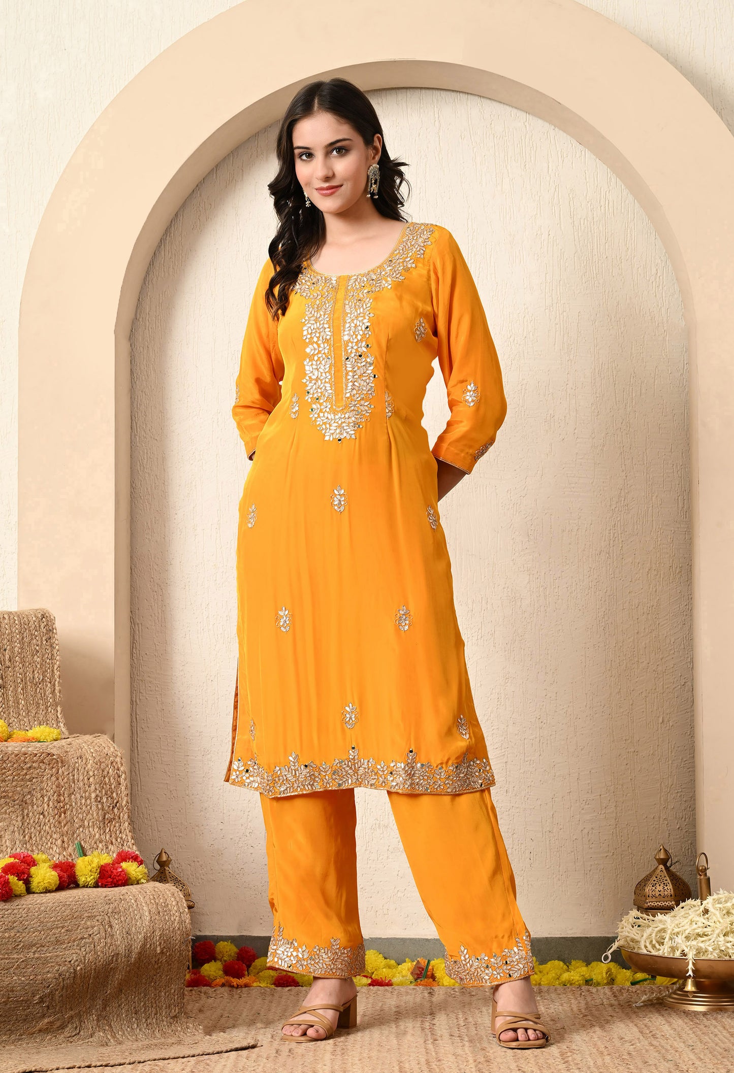 Saffron Yellow Kurta Set with Gotta and Zardozi Work