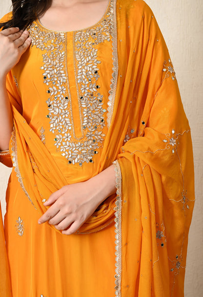 Saffron Yellow Kurta Set with Gotta and Zardozi Work