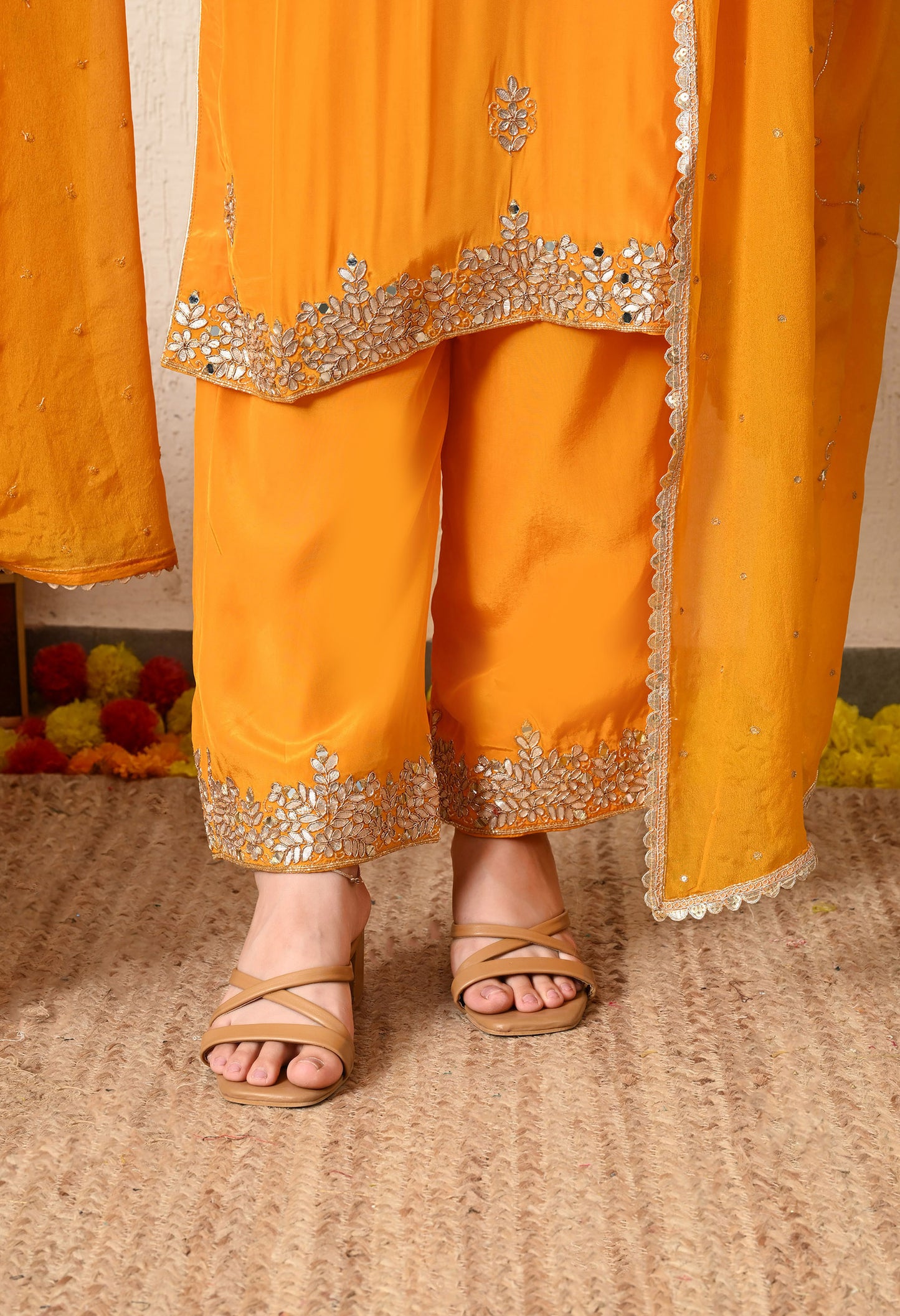 Saffron Yellow Kurta Set with Gotta and Zardozi Work