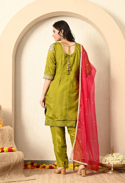 Rani and Green Colour Hue Kurta Set with Gotta, Zardozi, and Sequence Work