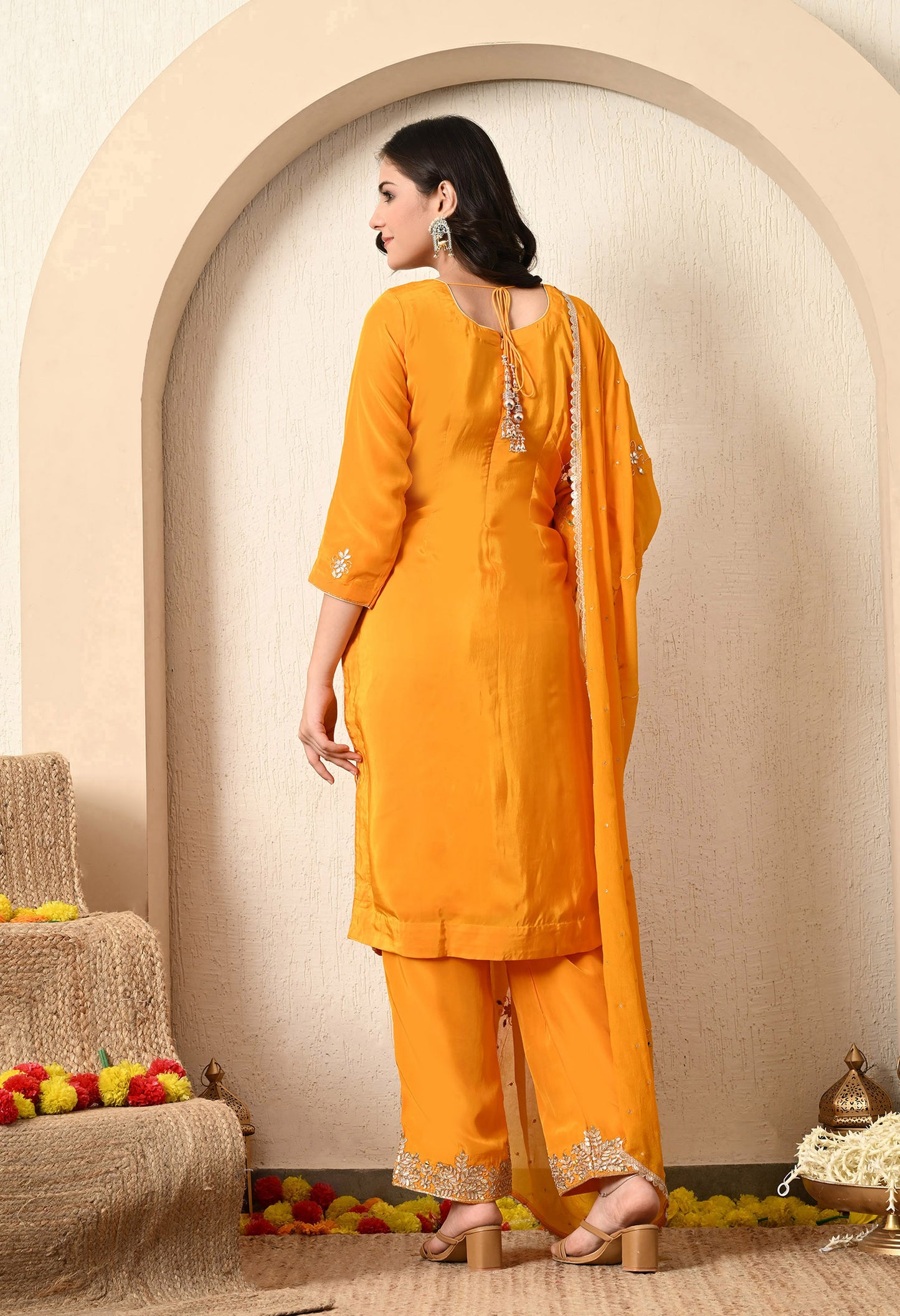 Saffron Yellow Kurta Set with Gotta and Zardozi Work