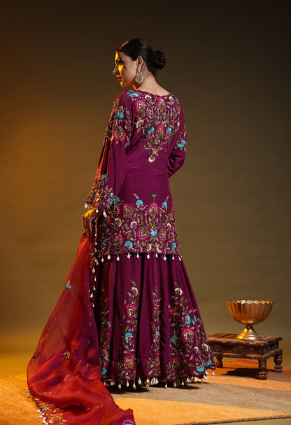 Purple Crepe & Organza Zardozi–Sequin Sharara Set