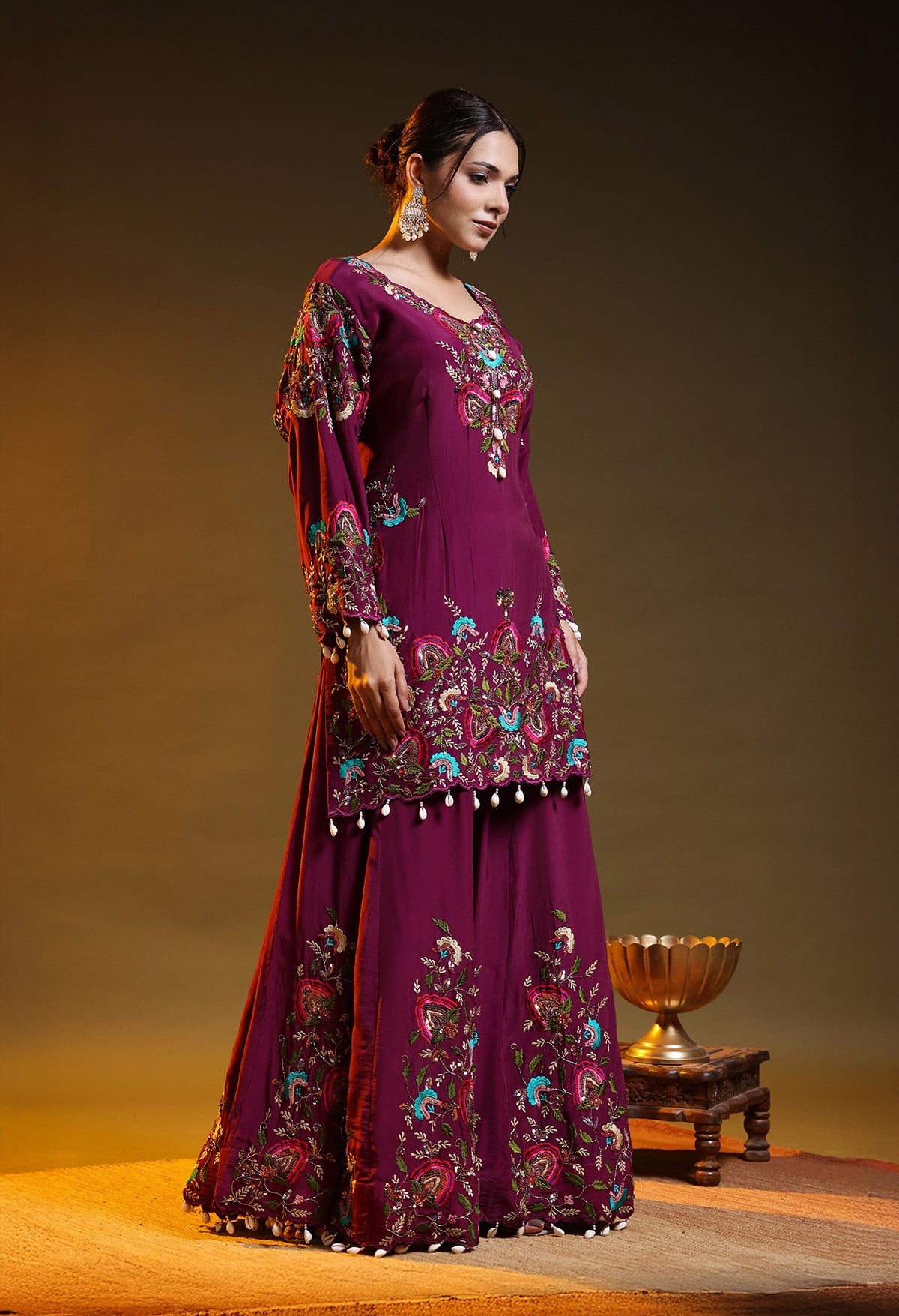 Purple Crepe & Organza Zardozi–Sequin Sharara Set