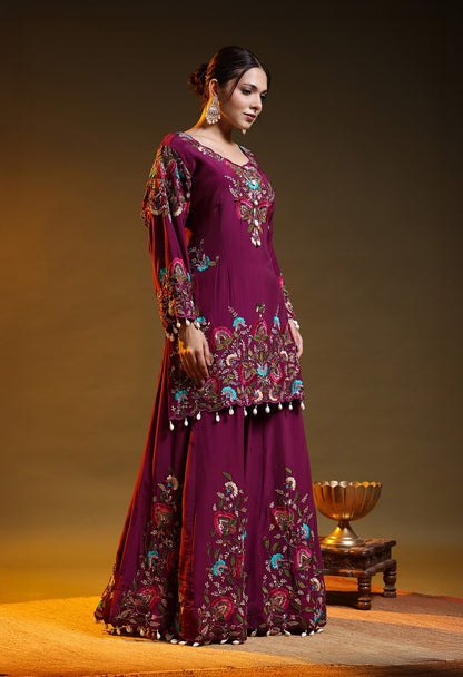 Purple Crepe & Organza Zardozi–Sequin Sharara Set