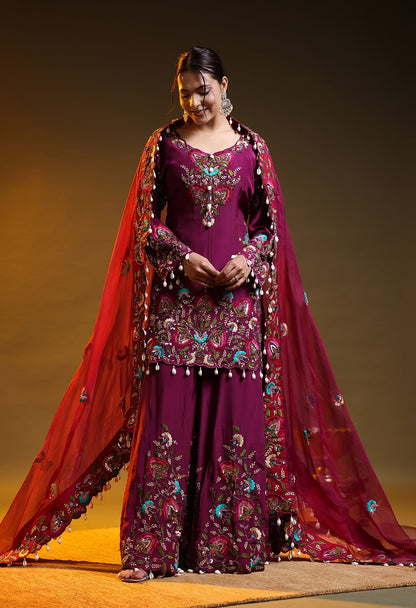 Purple Crepe & Organza Zardozi–Sequin Sharara Set