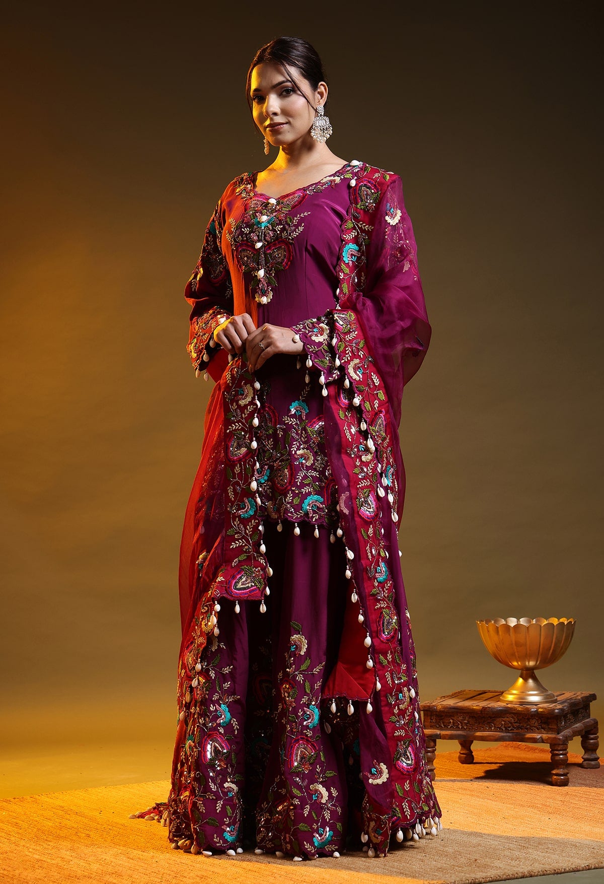 Purple Crepe & Organza Zardozi–Sequin Sharara Set