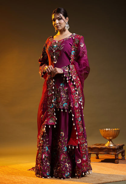 Purple Crepe & Organza Zardozi–Sequin Sharara Set