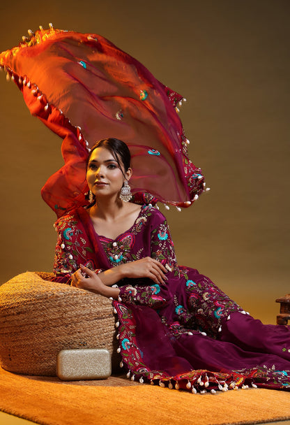 Purple Crepe & Organza Zardozi–Sequin Sharara Set