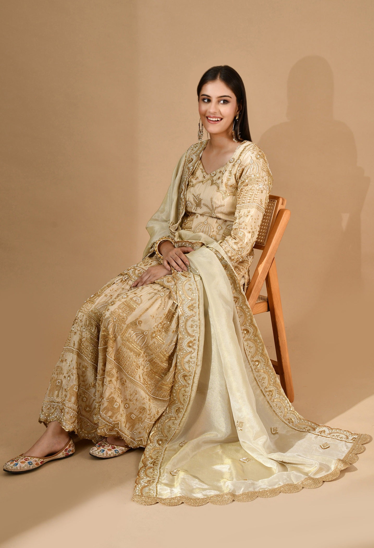 Golden Sharara Set with Zardozi, Pearl & Cutdana Work