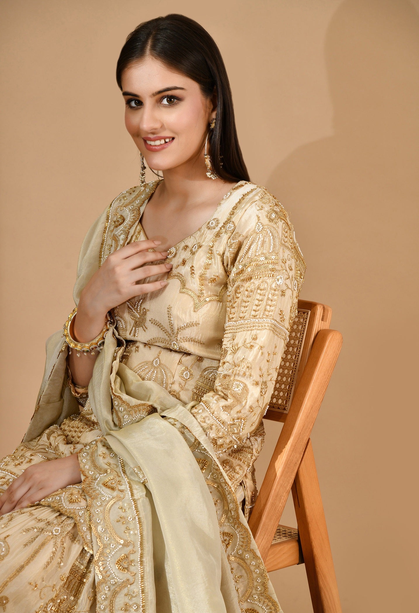 Golden Sharara Set with Zardozi, Pearl & Cutdana Work