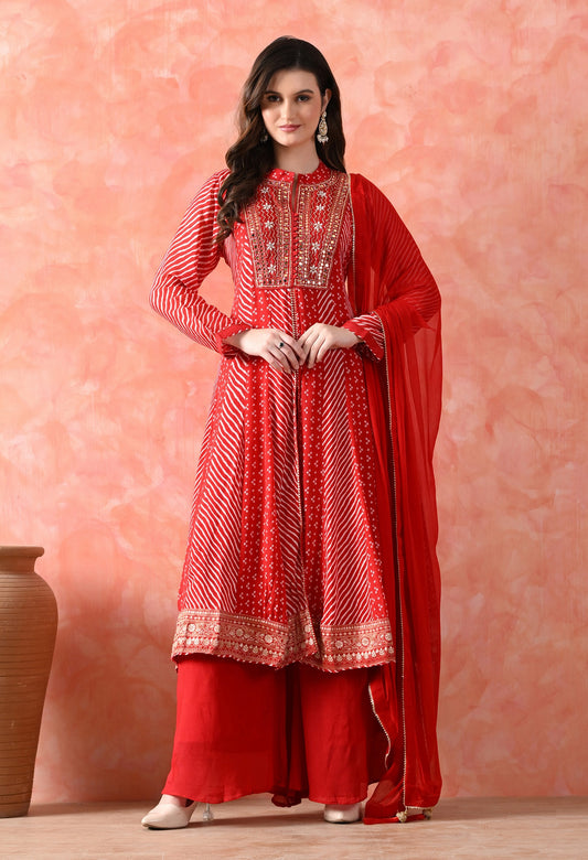 Red Anarkali Set with Mirror & Pearl Work