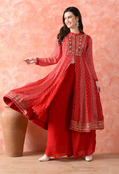 Red Anarkali Set with Mirror & Pearl Work