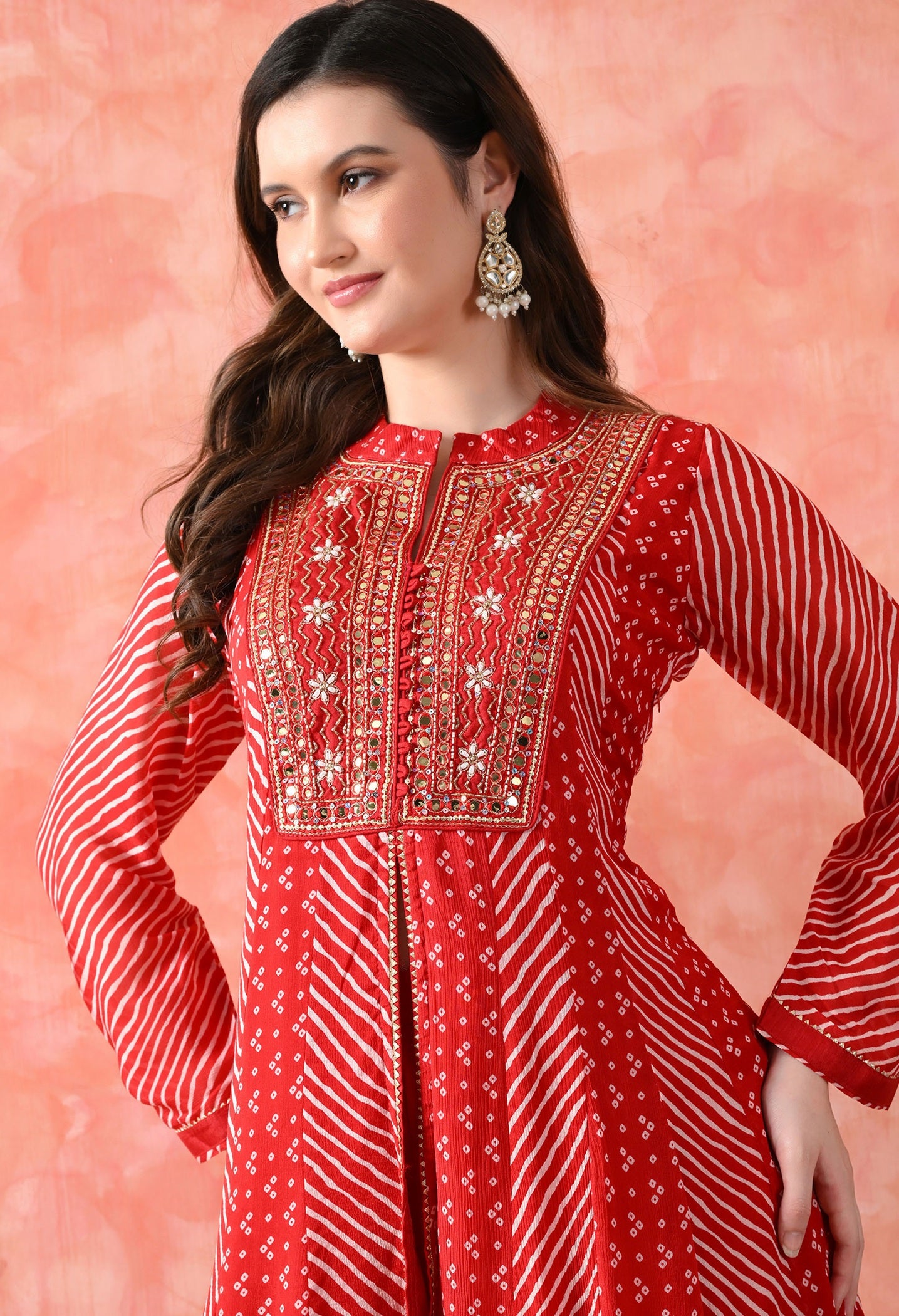 Red Anarkali Set with Mirror & Pearl Work