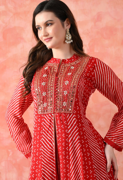 Red Anarkali Set with Mirror & Pearl Work