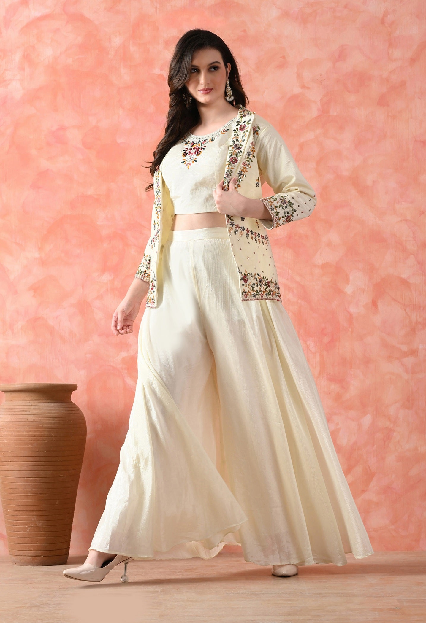 Cream Thread Work Indo Western Set