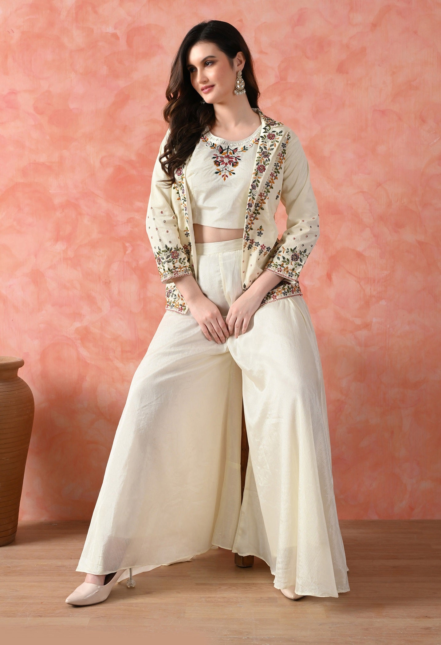 Cream Thread Work Indo Western Set