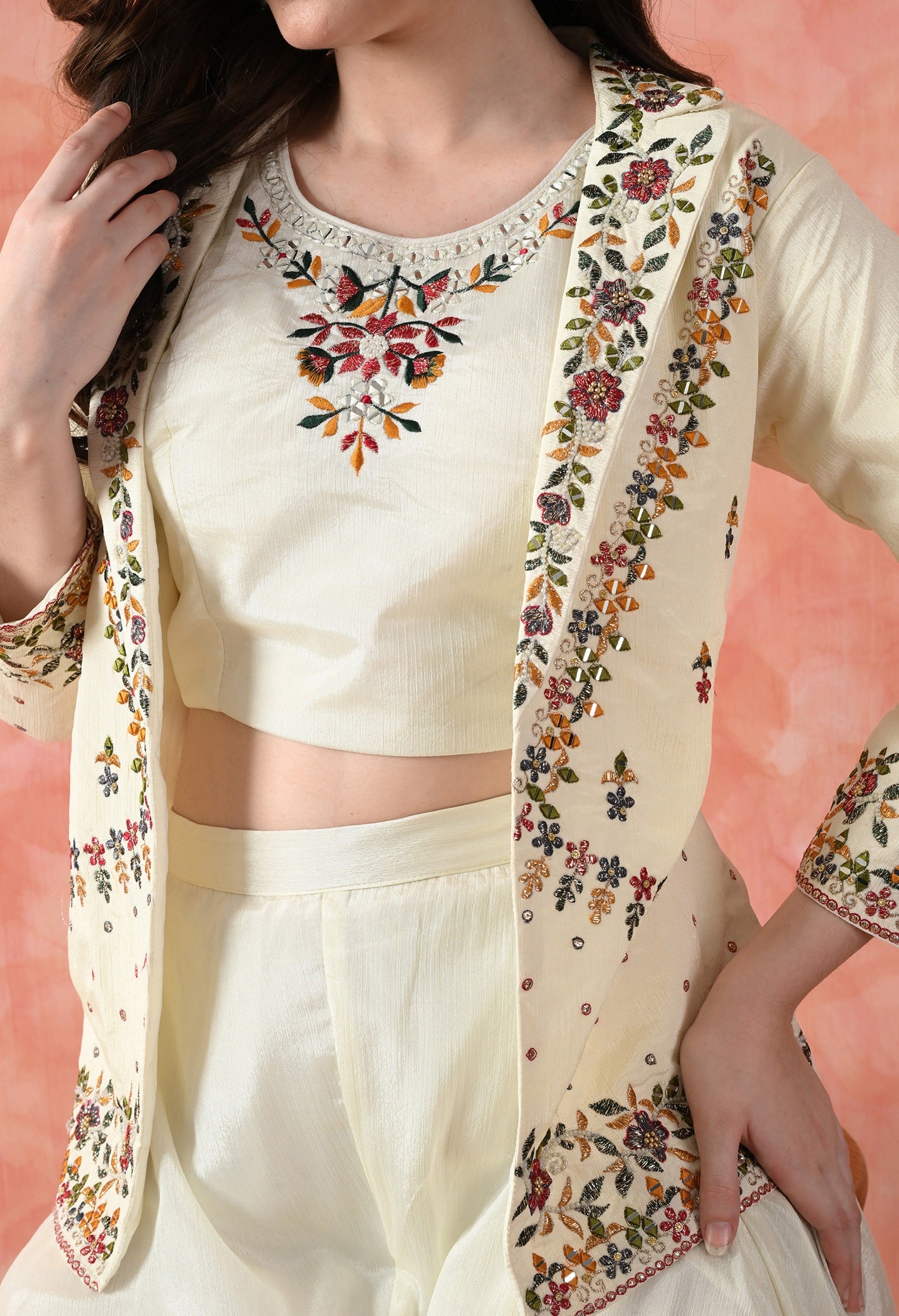 Cream Thread Work Indo Western Set