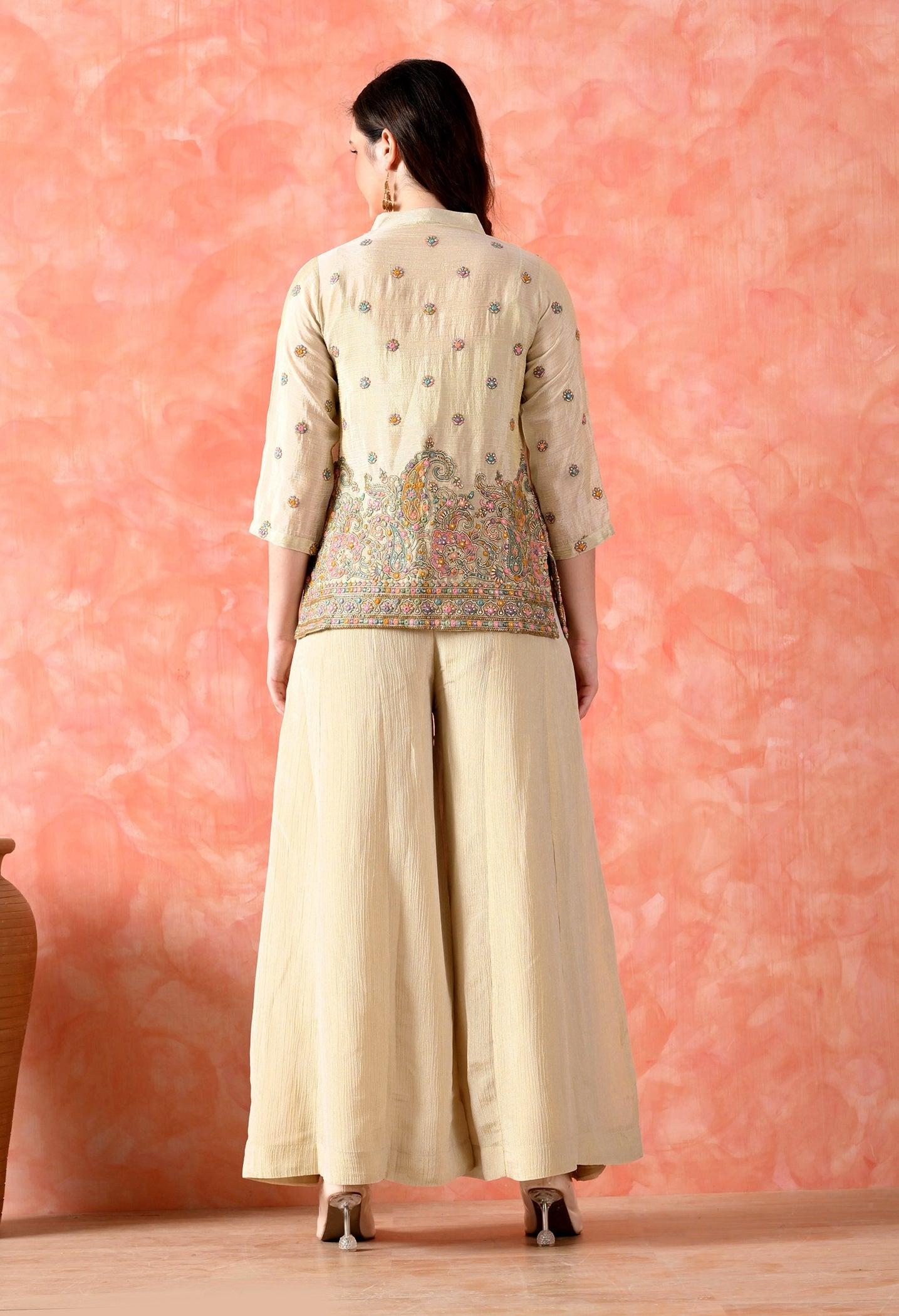 Golden Indo-Western Sharara Set with Thread Work