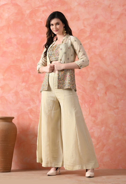 Golden Indo-Western Sharara Set with Thread Work