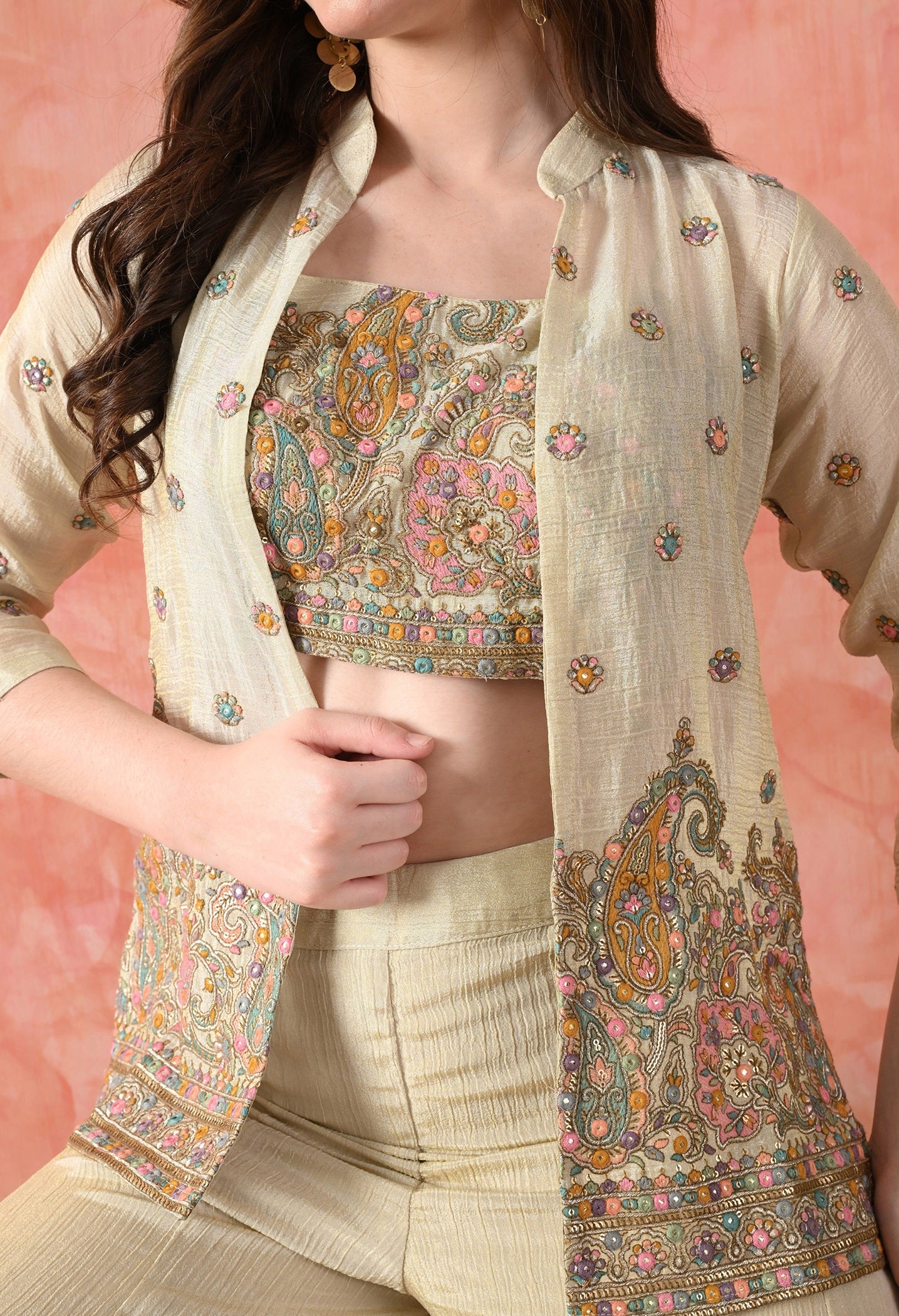 Golden Indo-Western Sharara Set with Thread Work
