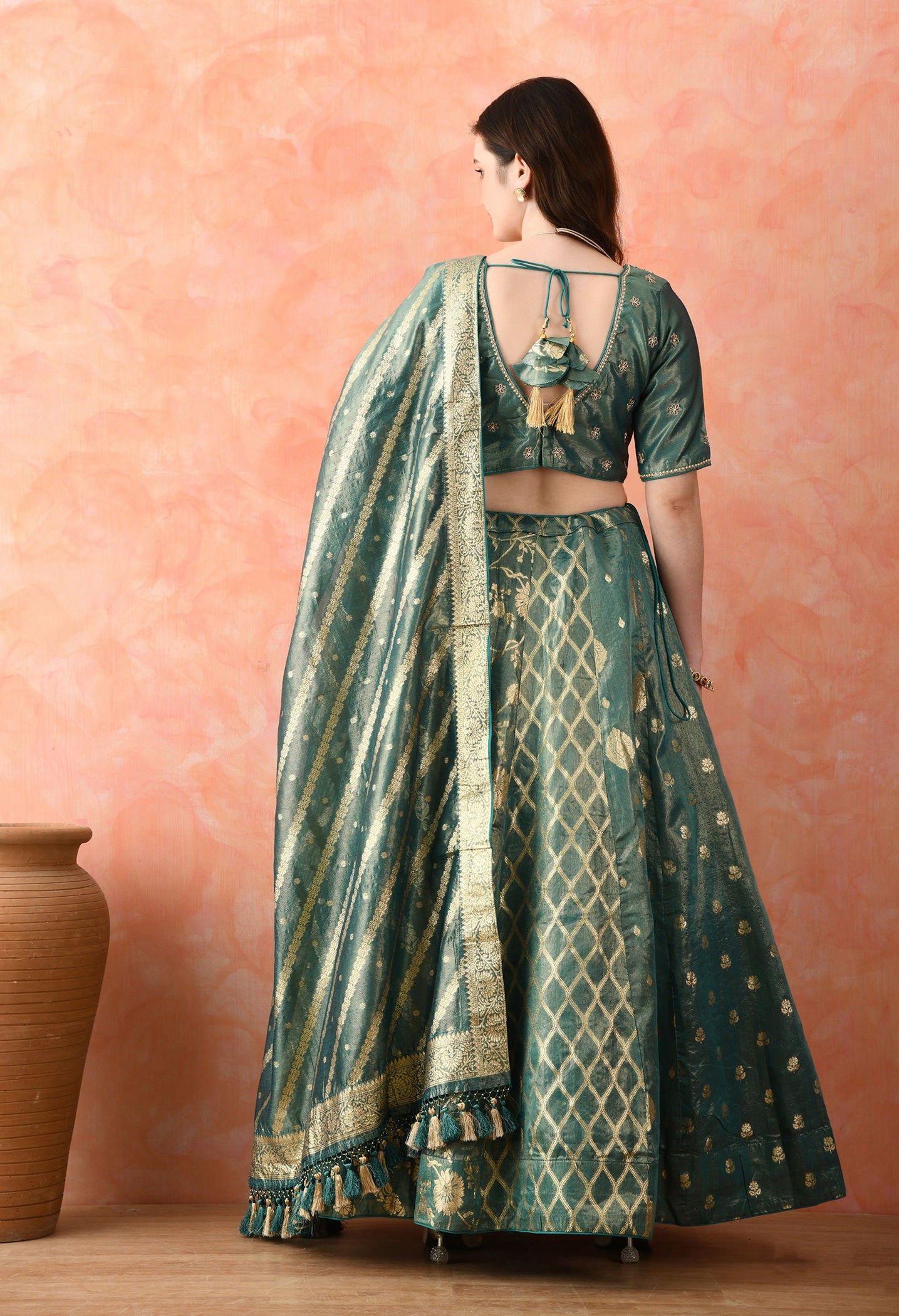 Green Zardozi Pearl Work Lehenga Set