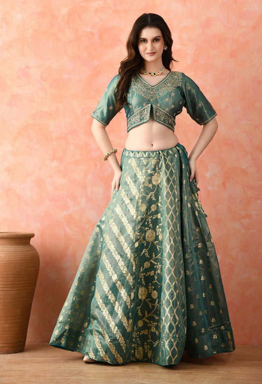 Green Zardozi Pearl Work Lehenga Set