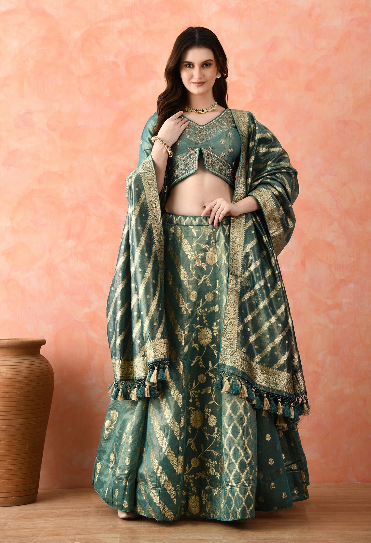 Green Zardozi Pearl Work Lehenga Set