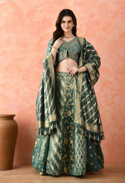 Green Zardozi Pearl Work Lehenga Set
