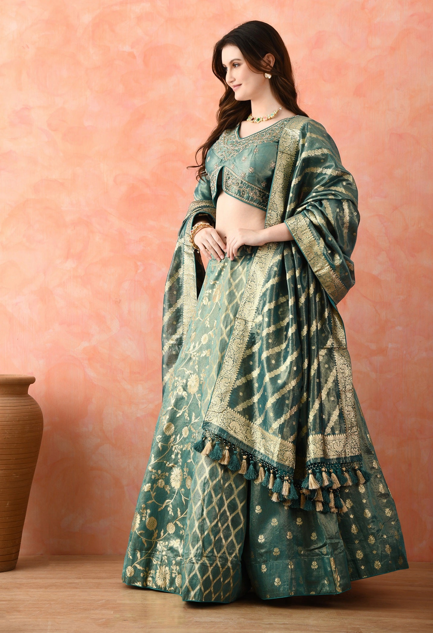 Green Zardozi Pearl Work Lehenga Set