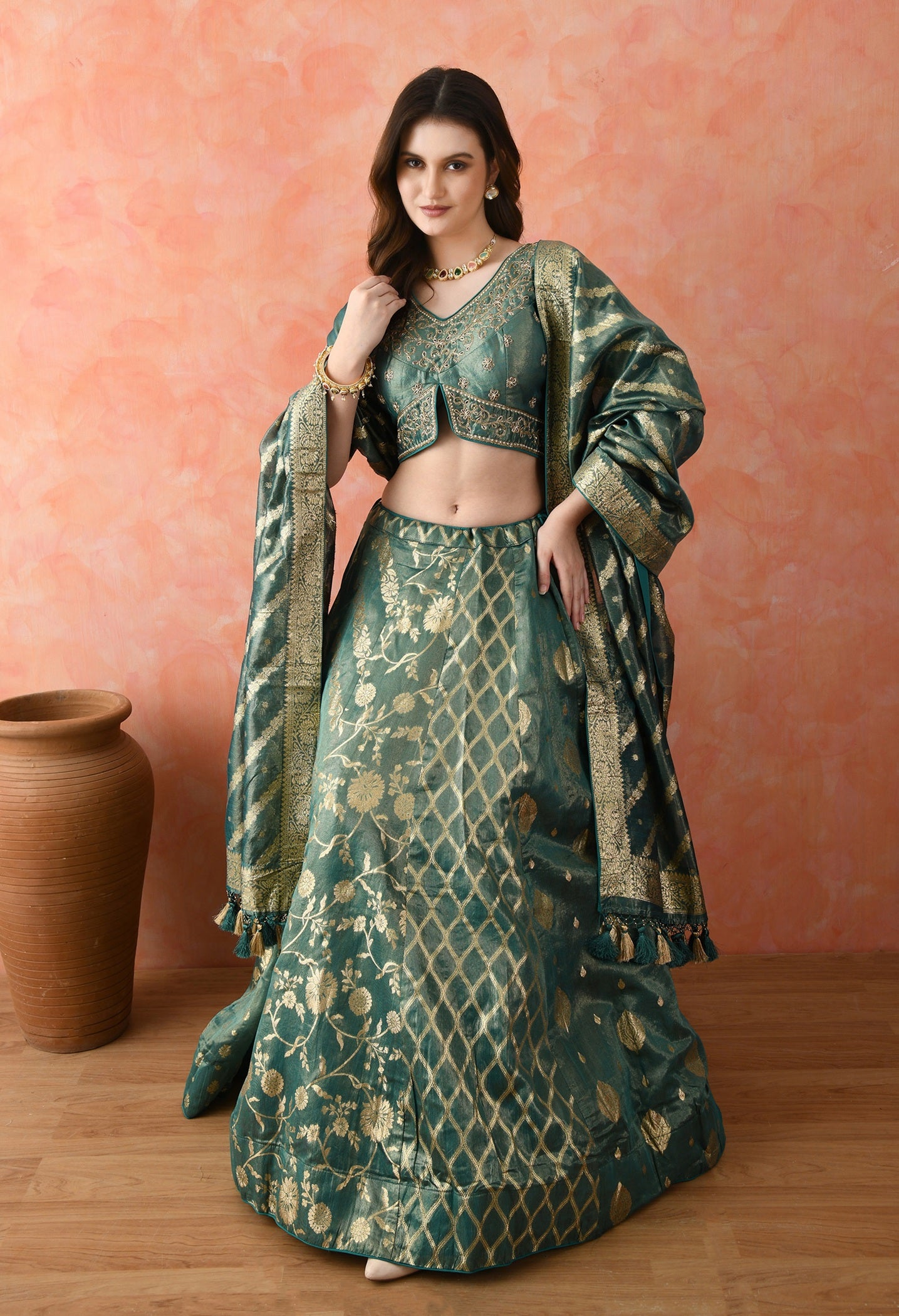 Green Zardozi Pearl Work Lehenga Set
