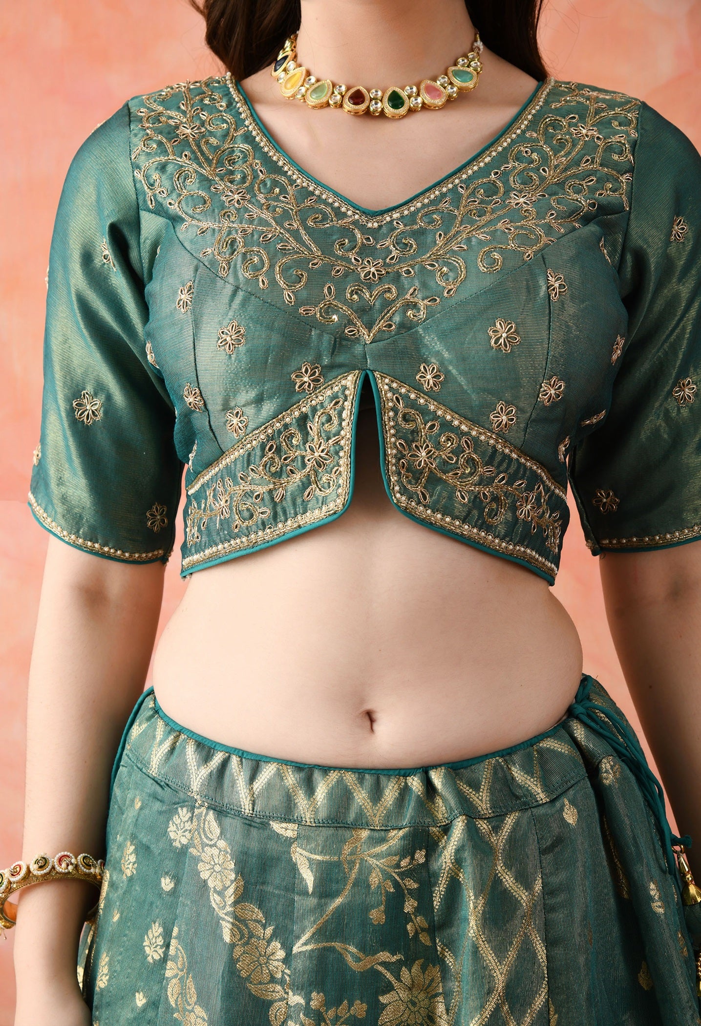 Green Zardozi Pearl Work Lehenga Set