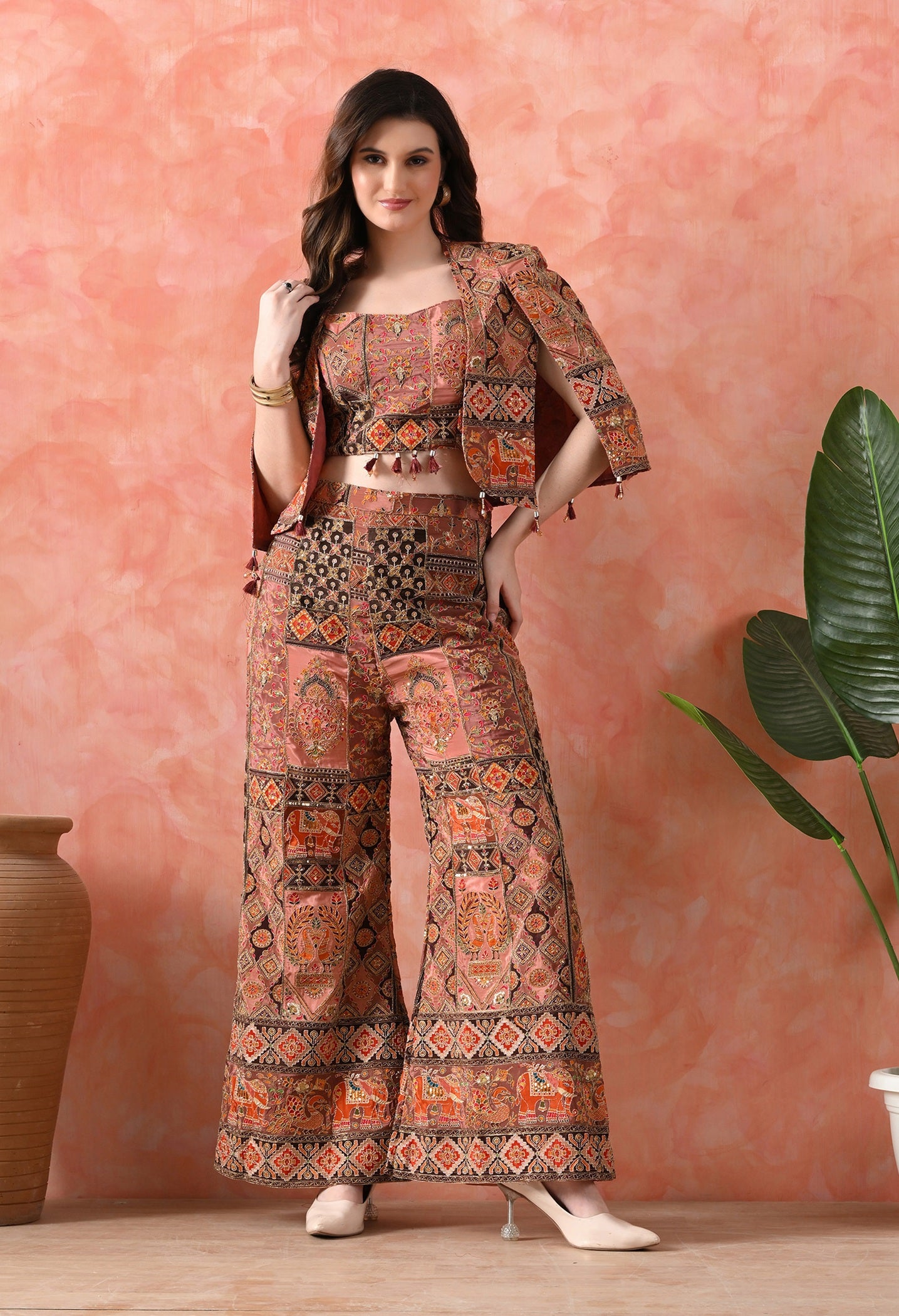 Beige Indo-Western Set with Zardozi Work