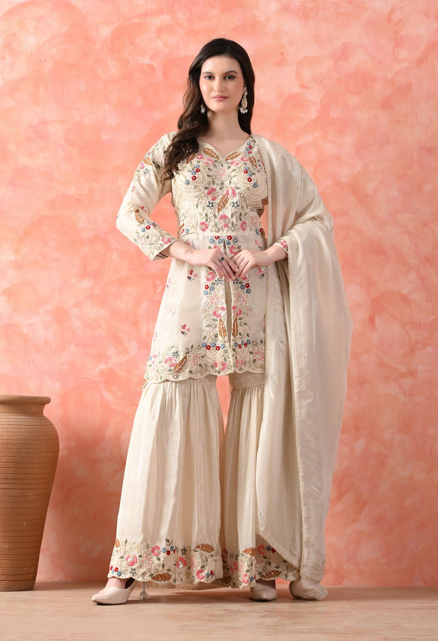 Golden Cream Thread Work Gharara Set