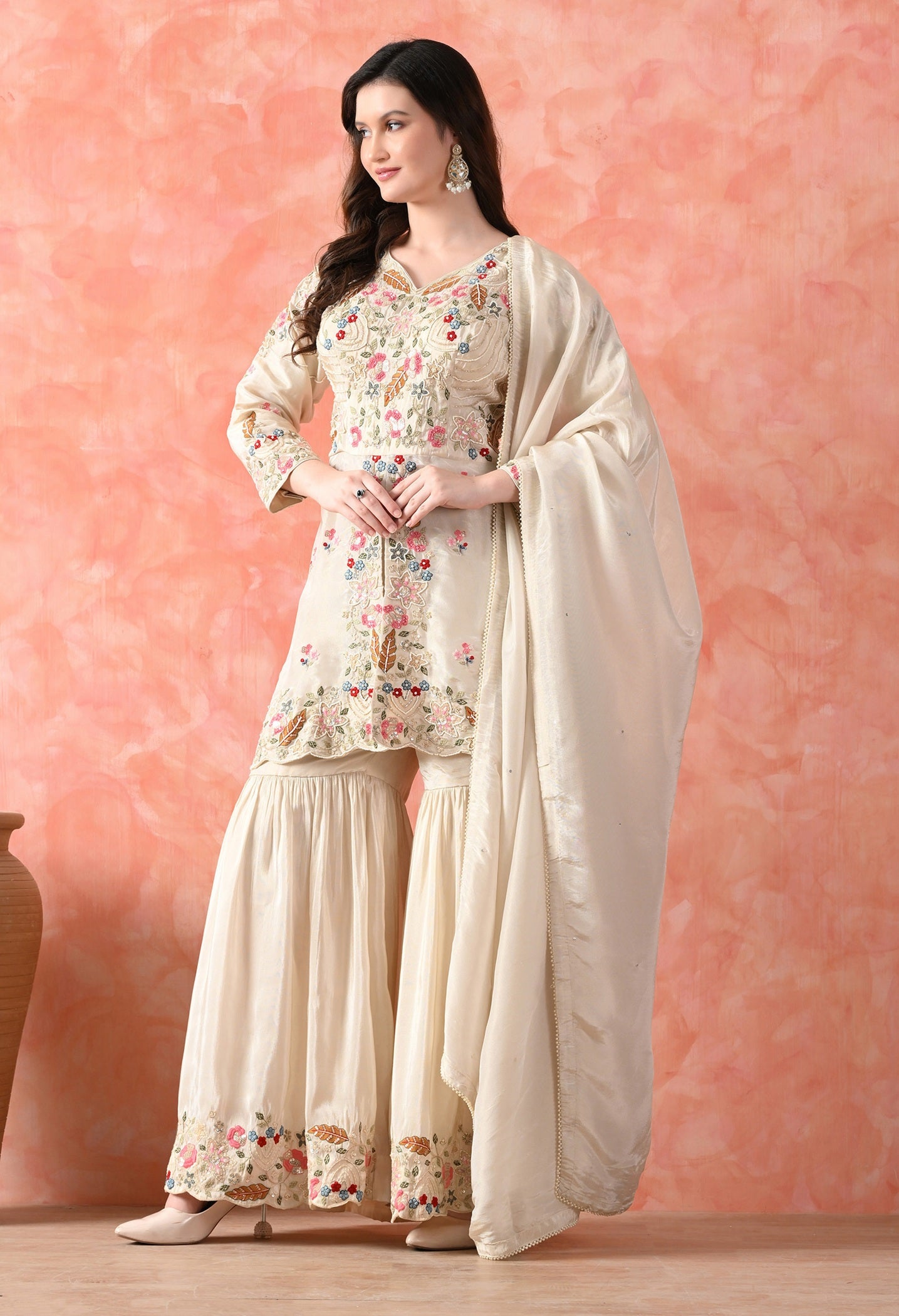 Golden Cream Thread Work Gharara Set